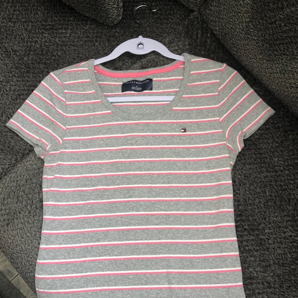 Tommy Hilfiger grey shirt w white and pink stripes